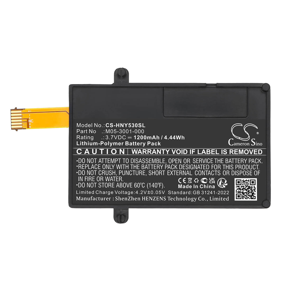 3.7V, Li-Polymer, 1200mAh, Equipment, Survey, Test battery fits Honeywell, M05-3001-000, BW Icon + 4 Gas Detector H2S C, Flex, 4.44Wh Equipment, Survey, Test Cameron Sino Technology Limited