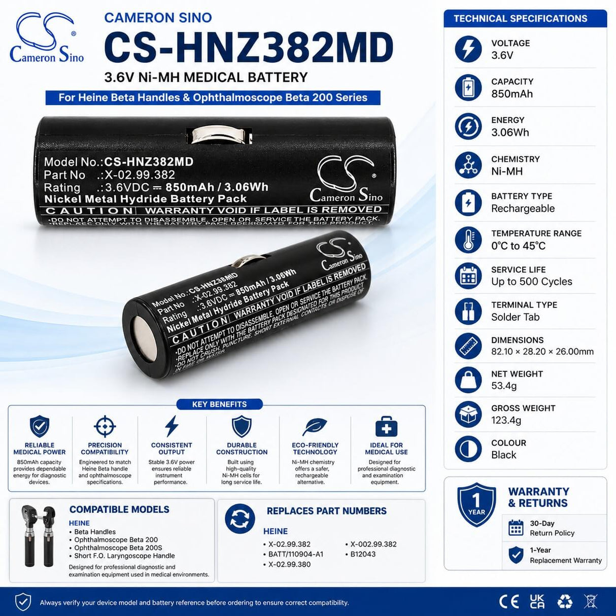 Medical Battery For Heine, Beta Handles, Ophthalmoscope Beta 200, Ophthalmoscope Beta 200s 3.6v, 850mah - 3.06wh Medical Cameron Sino Technology Limited (Medical)