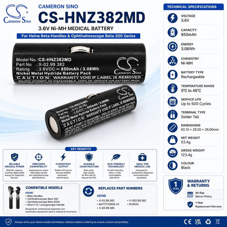 Medical Battery For Heine, Beta Handles, Ophthalmoscope Beta 200, Ophthalmoscope Beta 200s 3.6v, 850mah - 3.06wh Medical Cameron Sino Technology Limited (Medical)