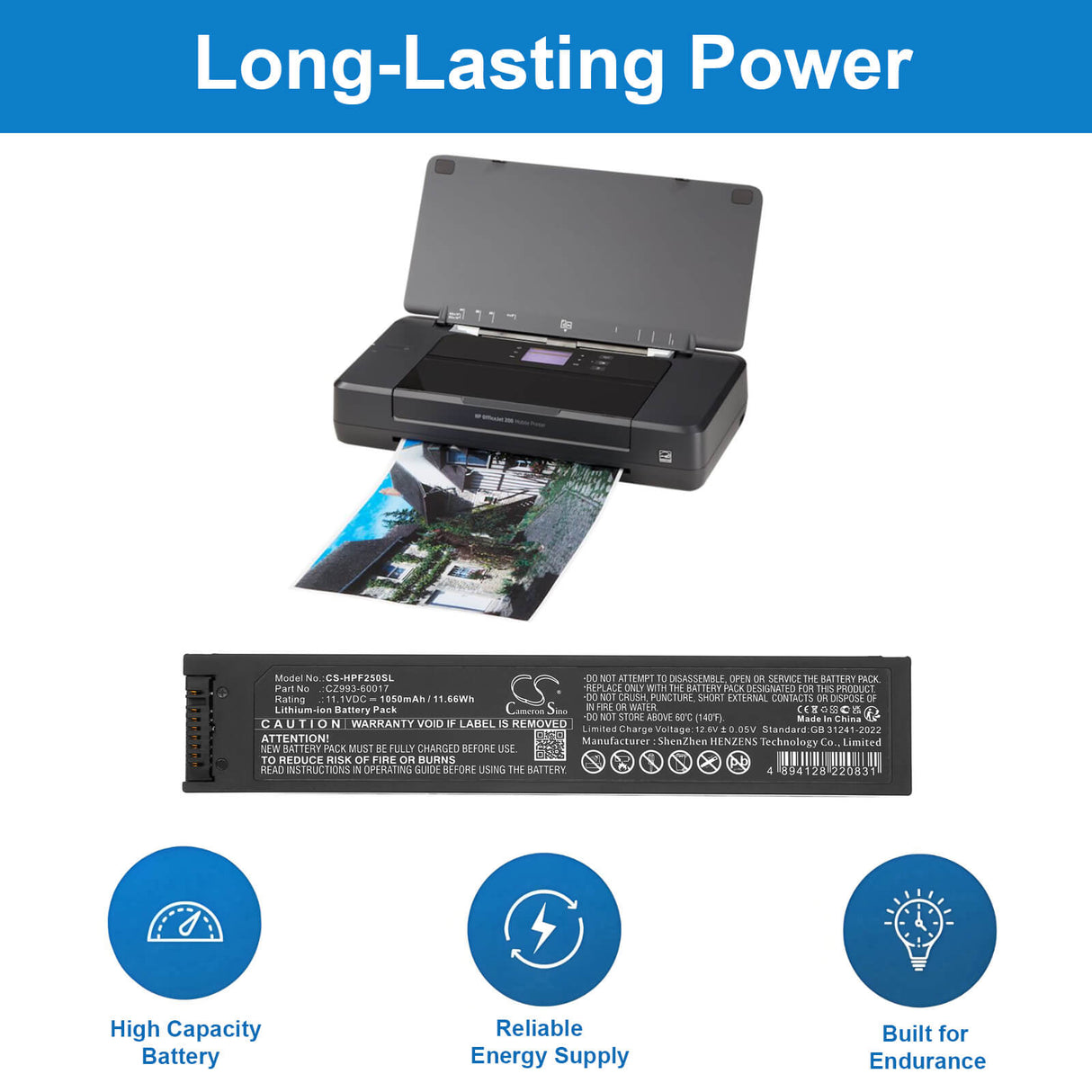11.1V, Li-ion, 1050mAh, Printer battery fits Hp, CZ993-60017, HP OfficeJet 200 Mobile Printe, OfficeJet 250 Mobile Printer, 11.66Wh Printer Cameron Sino Technology Limited