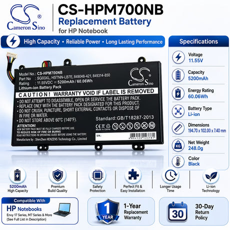 Battery For Hp, Envy M7u, Envy M7-u009dx 11.55v, 5200mah - 60.06wh Notebook, Laptop Cameron Sino Technology Limited