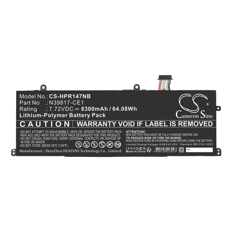7.72V, Li-Polymer, 8300mAh, Notebook, Laptop battery fits HP, HSTNN-WB0F, Book pro 16, Envy x360 2-in-1 16-ad0097nr, 64.08Wh Notebook, Laptop Cameron Sino Technology Limited