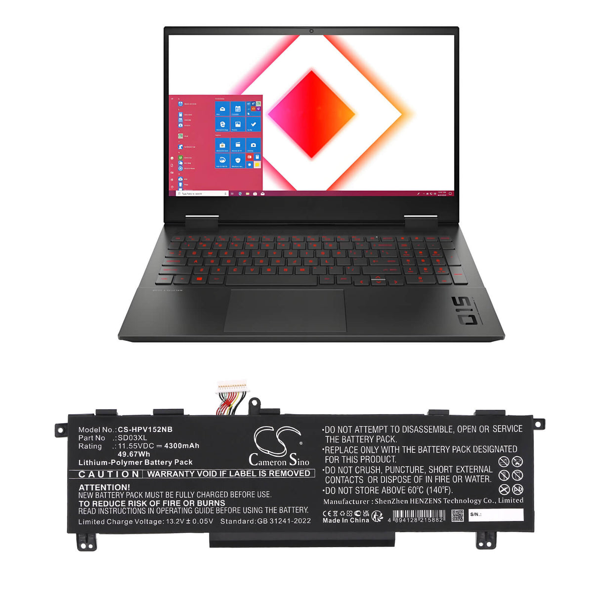 11.55V, Li-Polymer, 4300mAh, Notebook, Laptop battery fits Hp, Hstnn-ob1r, Omen 15-ek0009tx, Omen 15-ek0010tx, 49.67Wh Notebook, Laptop Cameron Sino Technology Limited