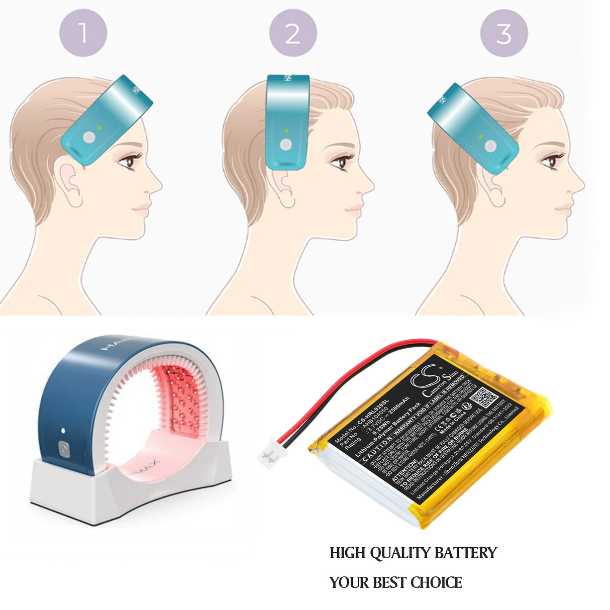 3.7V, Li-Polymer, 2500mAh, Personal Care battery fits Hairmax, AHB104050, Laserbrand 82, 9.25Wh Personal Care Cameron Sino Technology Limited