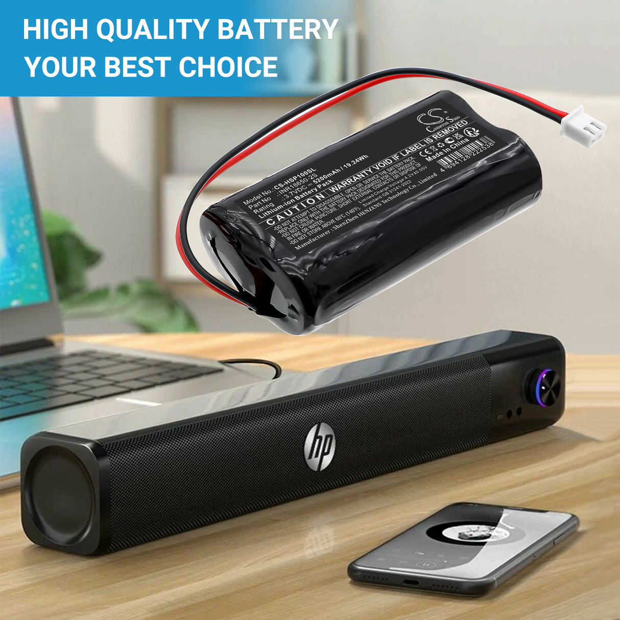 3.7V, Li-ion, 5200mAh, Speaker battery fits HP, INR18650-2S, WS10 Pro Speaker, 19.24Wh Speaker Cameron Sino Technology Limited