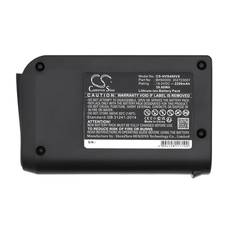 18.0V, Li-ion, 2200mAh, Vacuum battery fits Hoover, Bh50010 Platinum Collection Co, Bh50015 Platinum Collection Li, Platinum Linx, 39.60Wh Vacuum Cameron Sino Technology Limited