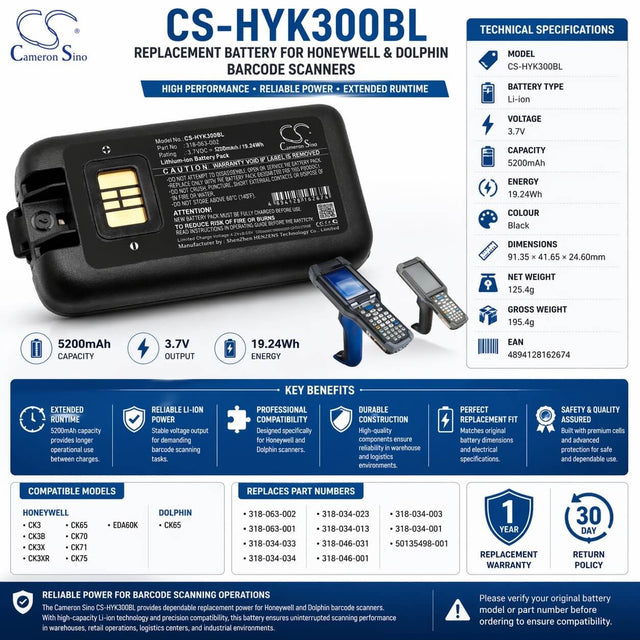 Barcode Scanner Battery For Dolphin, Ck65, Honeywell, Ck3 3.7v, 5200mah - 19.24wh Barcode Scanner Cameron Sino Technology Limited