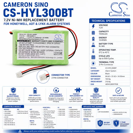 Cameron Sino CS-HYL300BT Battery for Honeywell ADT Lynx Alarm Systems 1500mAh Alarm System Cameron Sino Technology Limited