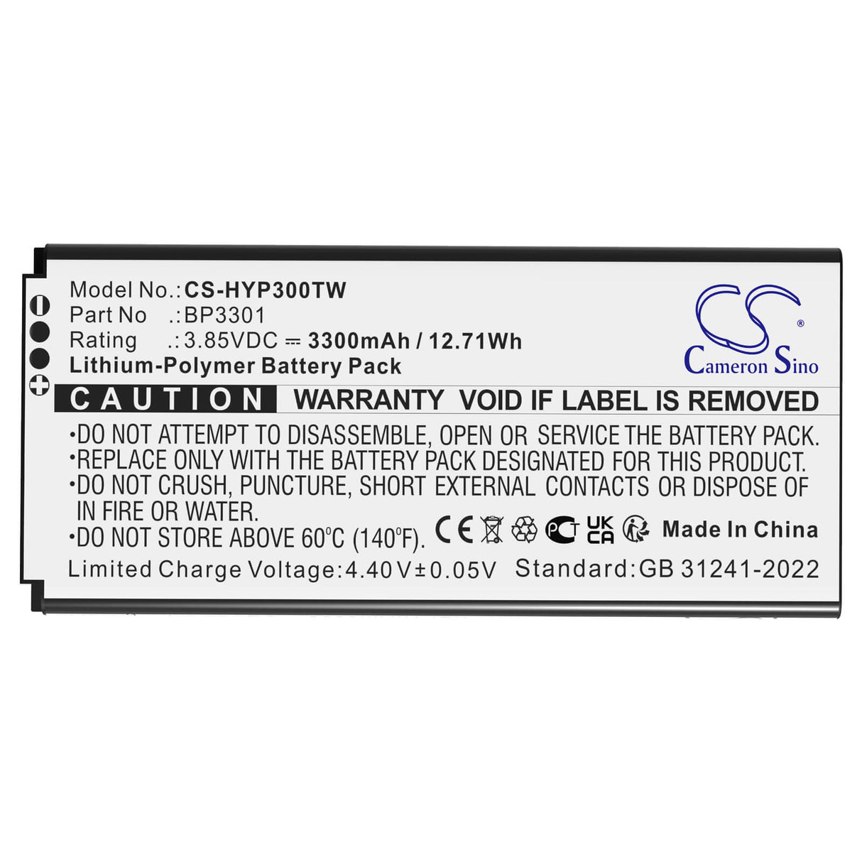 3.85V, Li-Polymer, 3300mAh, Two-Way Radio battery fits Hytera, Bp3301, P30, P30 Poc Rado, 12.71Wh Two-Way Radio Cameron Sino Technology Limited