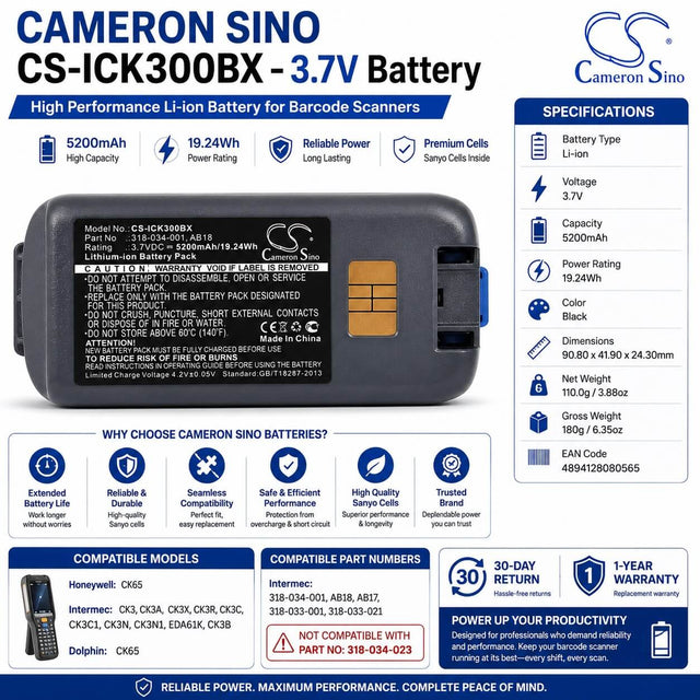 Barcode Scanner Battery For Intermec Ck3, Ck3a, Ck3X 3.7v, 5200mah - 19.24wh Barcode Scanner Cameron Sino Technology Limited