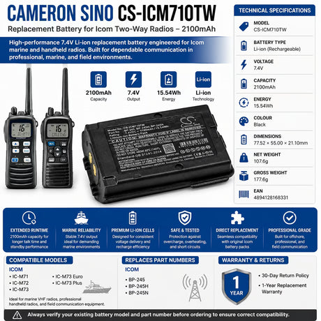 7.4V, Li-ion, 2100mAh, Two-Way Radio battery fits Icom, Bp-245, Ic-m71, Ic-m72, 15.54Wh Two-Way Radio Cameron Sino Technology Limited