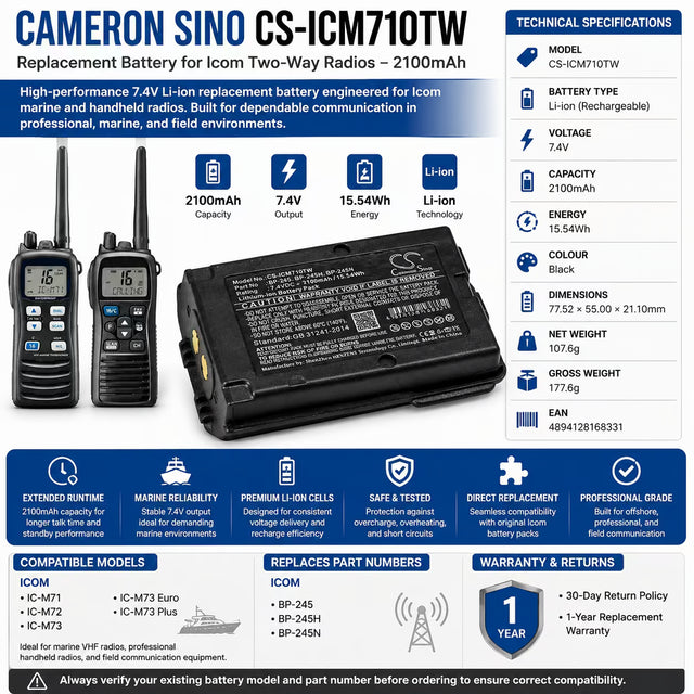 7.4V, Li-ion, 2100mAh, Two-Way Radio battery fits Icom, Bp-245, Ic-m71, Ic-m72, 15.54Wh Two-Way Radio Cameron Sino Technology Limited