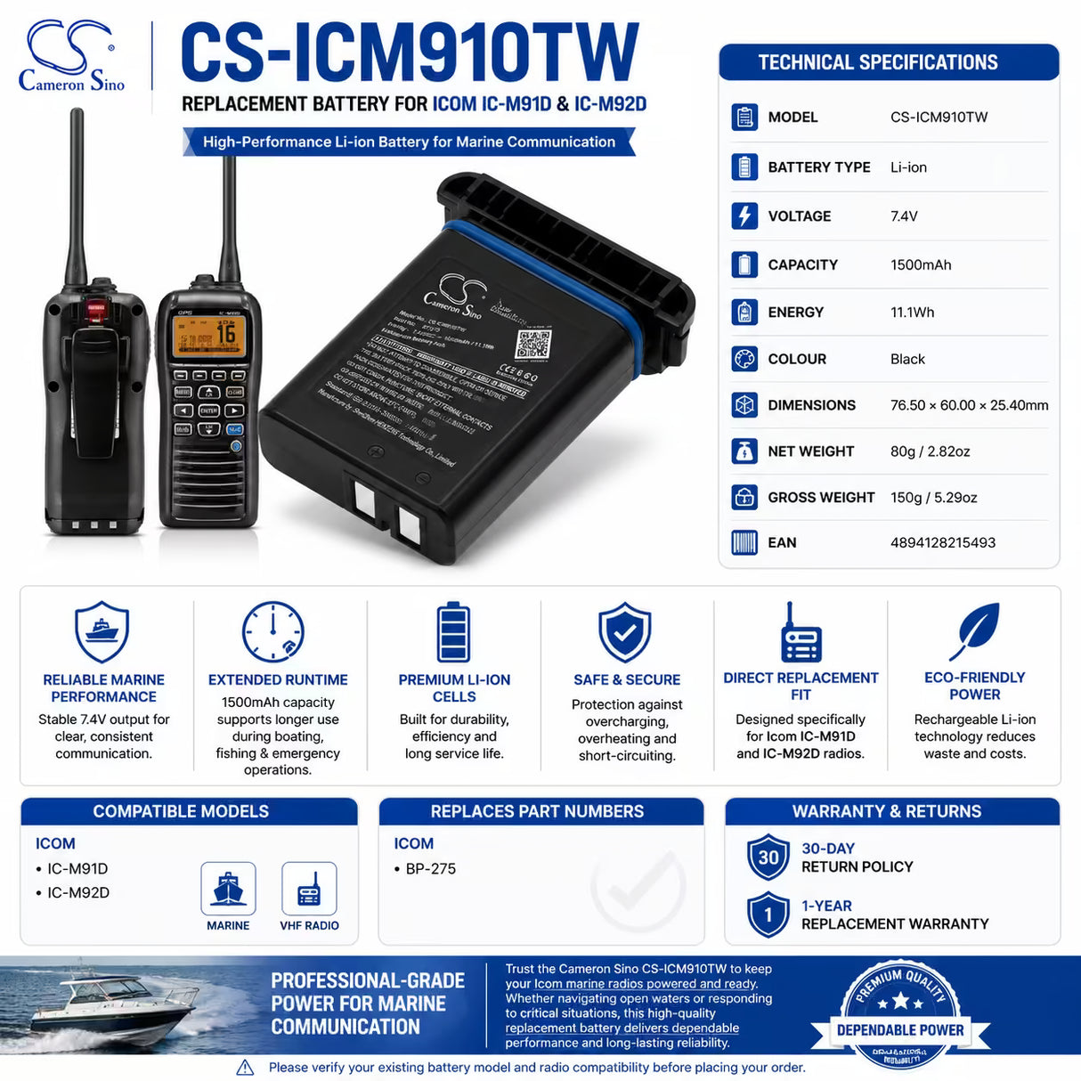7.4V, Li-ion, 1500mAh, Two-Way Radio battery fits Icom, Bp-275, Ic-m91d, Ic-m92d, 11.1Wh Two-Way Radio Cameron Sino Technology Limited