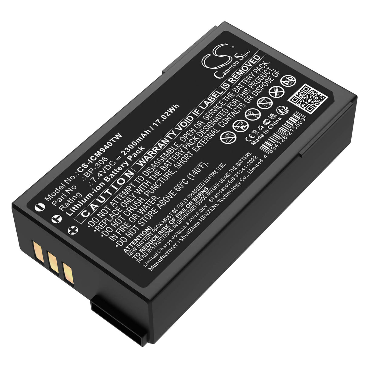 7.4V, Li-ion, 2300mAh, Two-Way Radio battery fits Icom, Bp-306, Ic-m94d, Ic-m94de, 17.02Wh Two-Way Radio Cameron Sino Technology Limited