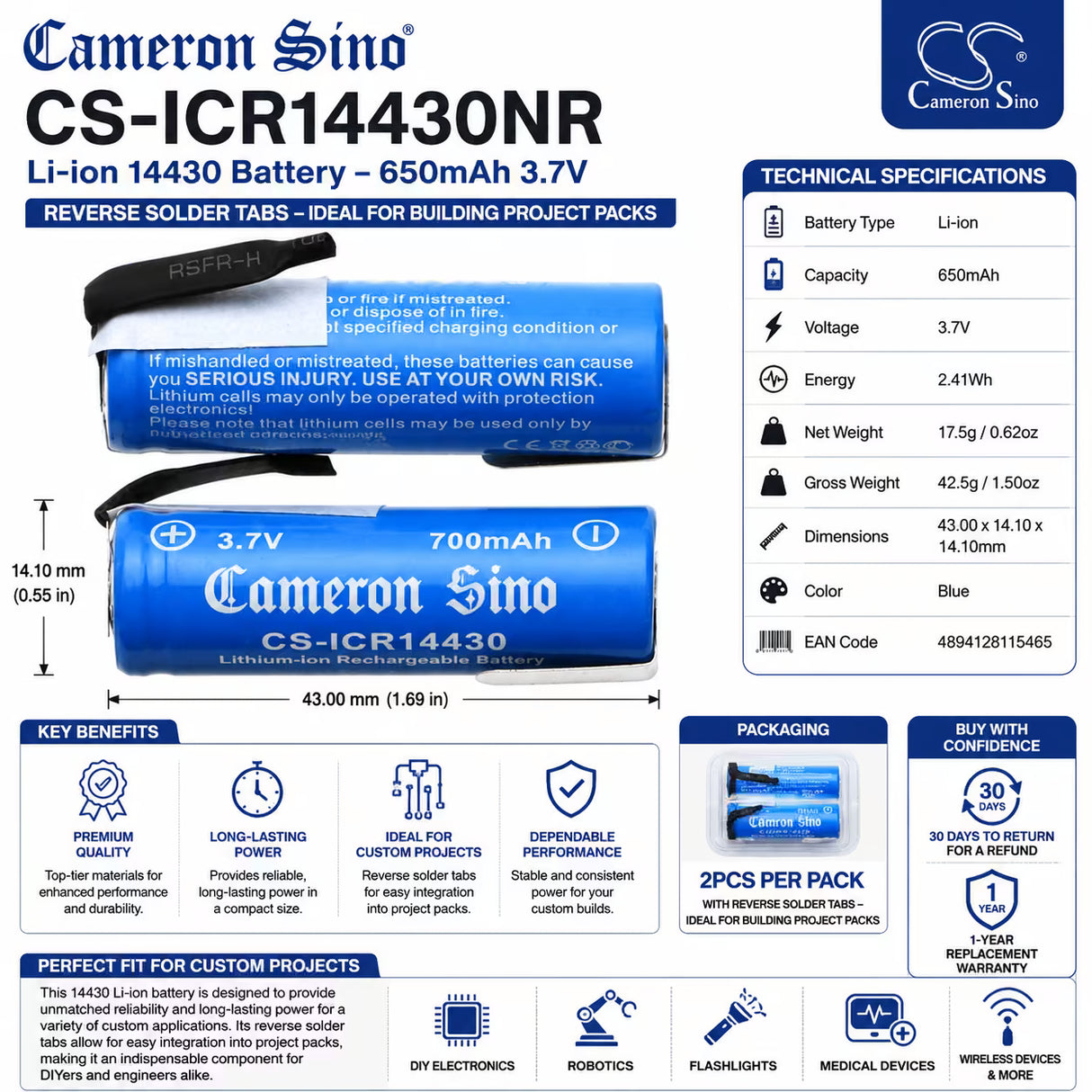 14430 Battery For project packs with reverse solder tabs 3.7v, 700mah - 2.59wh