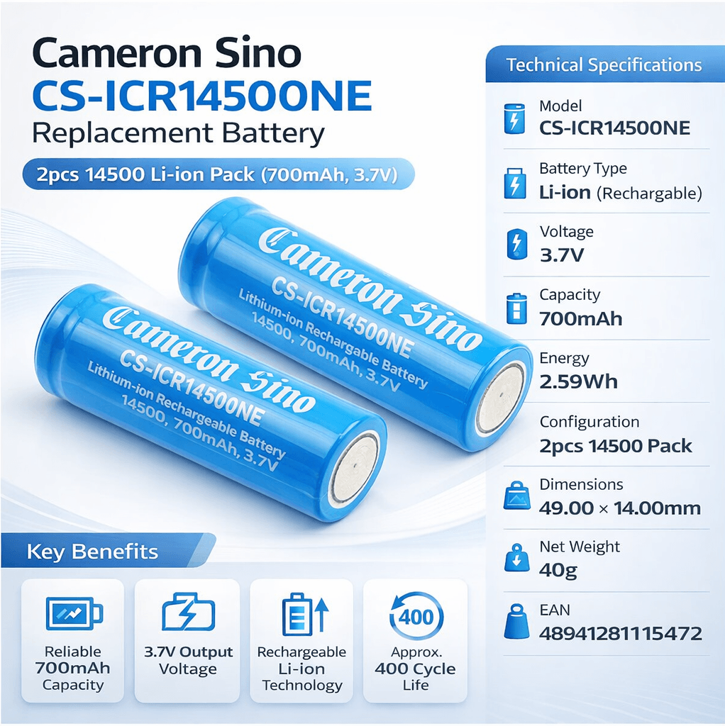 AA flat top lithium Ion batteries, 2 pieces per pack, 14500 3.7v, 700mah - 2.59wh 14500 Cameron Sino Technology Limited
