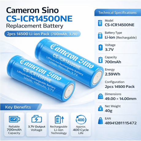 AA flat top lithium Ion batteries, 2 pieces per pack, 14500 3.7v, 700mah - 2.59wh 14500 Cameron Sino Technology Limited