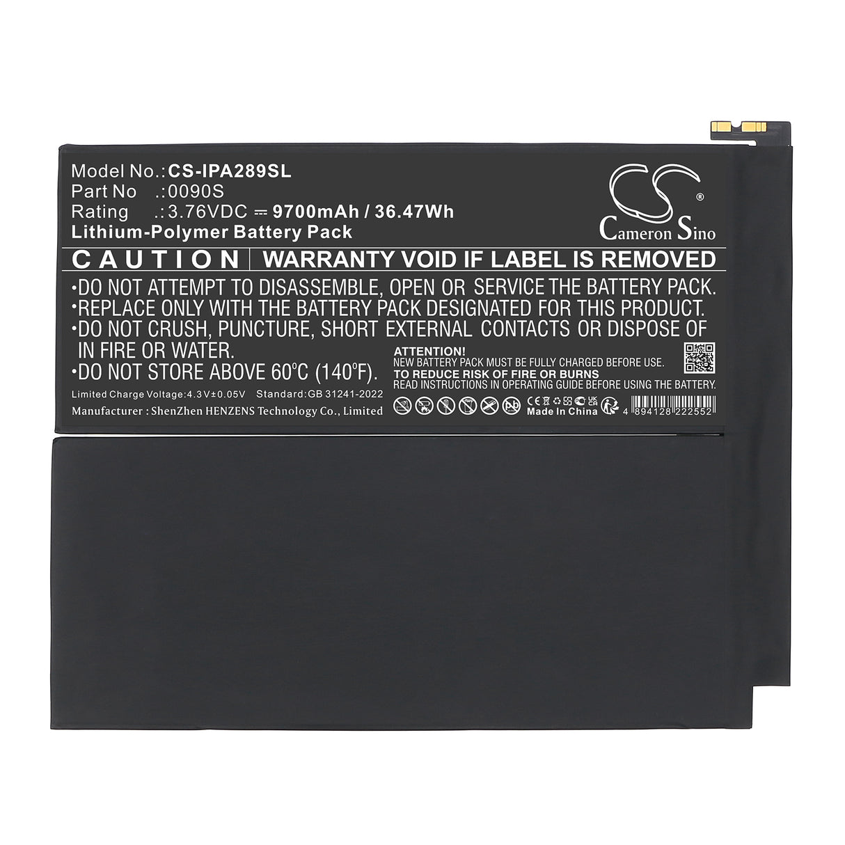 3.76V, Li-Polymer, 9700mAh, Tablet battery fits Apple, 0090S, A2898, A2899, 36.47Wh Tablet Cameron Sino Technology Limited