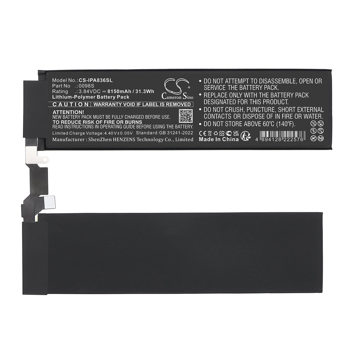 3.84V, Li-Polymer, 8150mAh, Tablet battery fits Apple, 0098S, A2836, A2837, 31.3Wh Tablet Cameron Sino Technology Limited