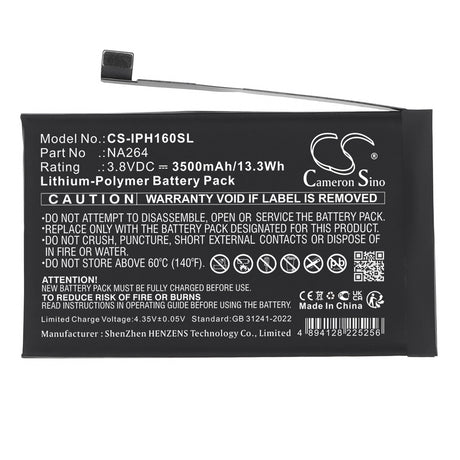 3.8V, Li-Polymer, 3500mAh, Mobile, SmartPhone battery fits Apple, NA264, A3081, A3286, 13.3Wh Mobile, SmartPhone Cameron Sino Technology Limited