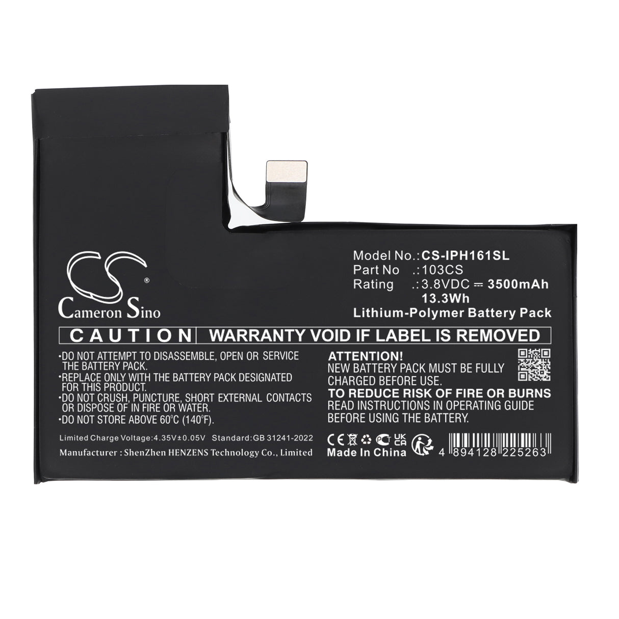 3.8V, Li-Polymer, 3500mAh, Mobile, SmartPhone battery fits Apple, 103CS, A3083, A3292, 13.3Wh Mobile, SmartPhone Cameron Sino Technology Limited