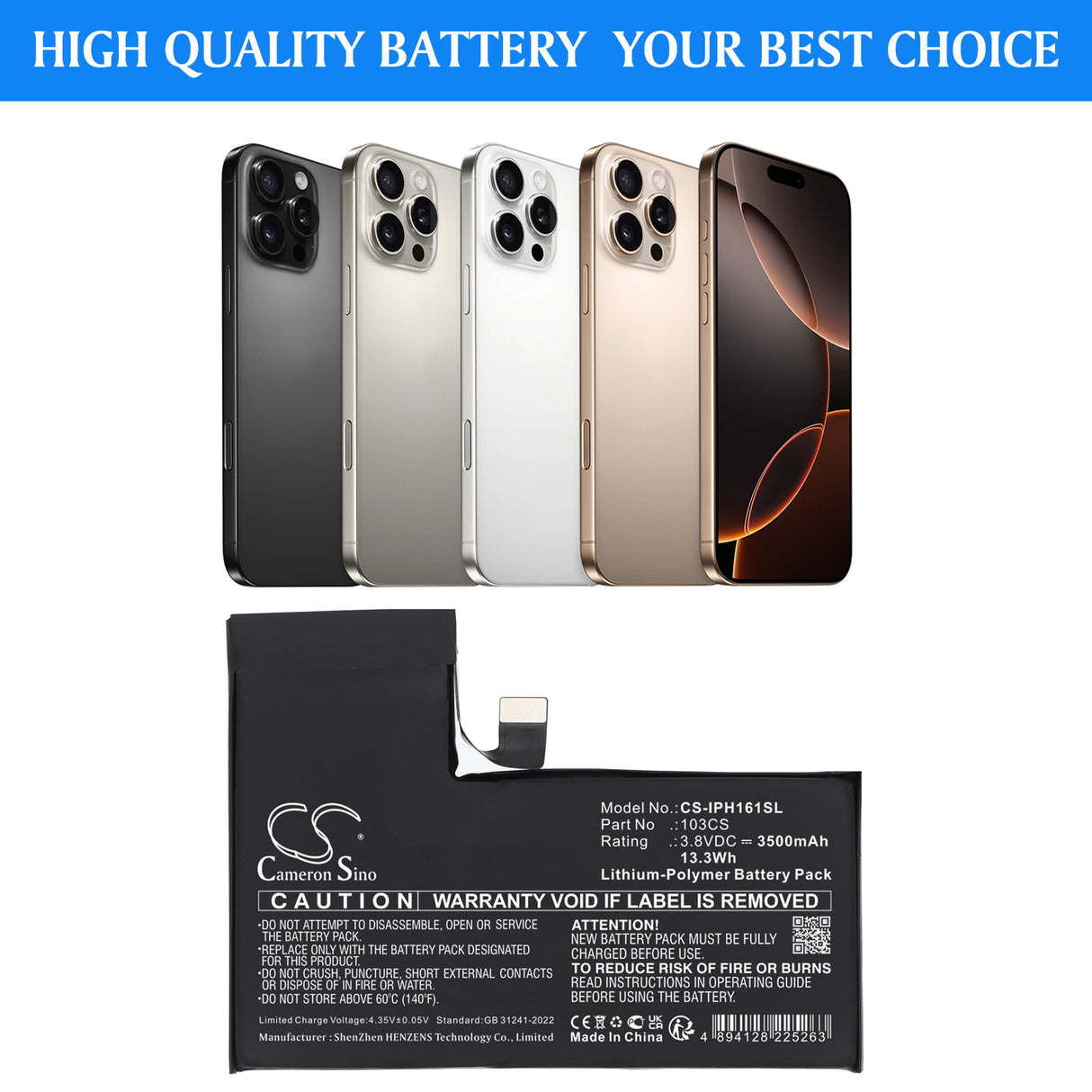 3.8V, Li-Polymer, 3500mAh, Mobile, SmartPhone battery fits Apple, 103CS, A3083, A3292, 13.3Wh Mobile, SmartPhone Cameron Sino Technology Limited