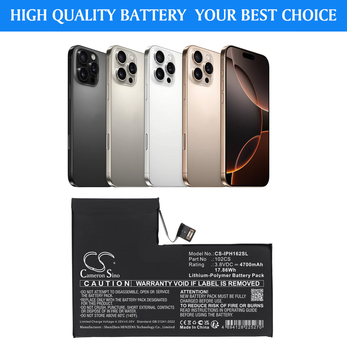 3.8V, Li-Polymer, 4700mAh, Mobile, SmartPhone battery fits Apple, 102CS, A3084 , A3295, 17.86Wh Mobile, SmartPhone Cameron Sino Technology Limited