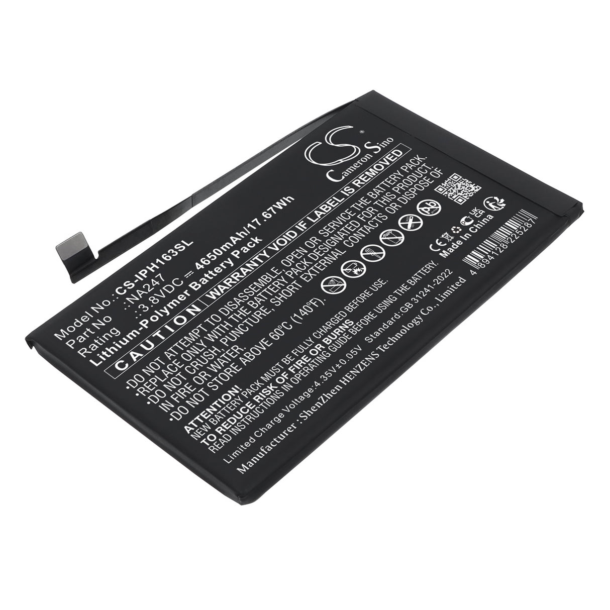 3.8V, Li-Polymer, 4650mAh, Mobile, SmartPhone battery fits Apple, NA247, A3082, A3289, 17.67Wh Mobile, SmartPhone Cameron Sino Technology Limited