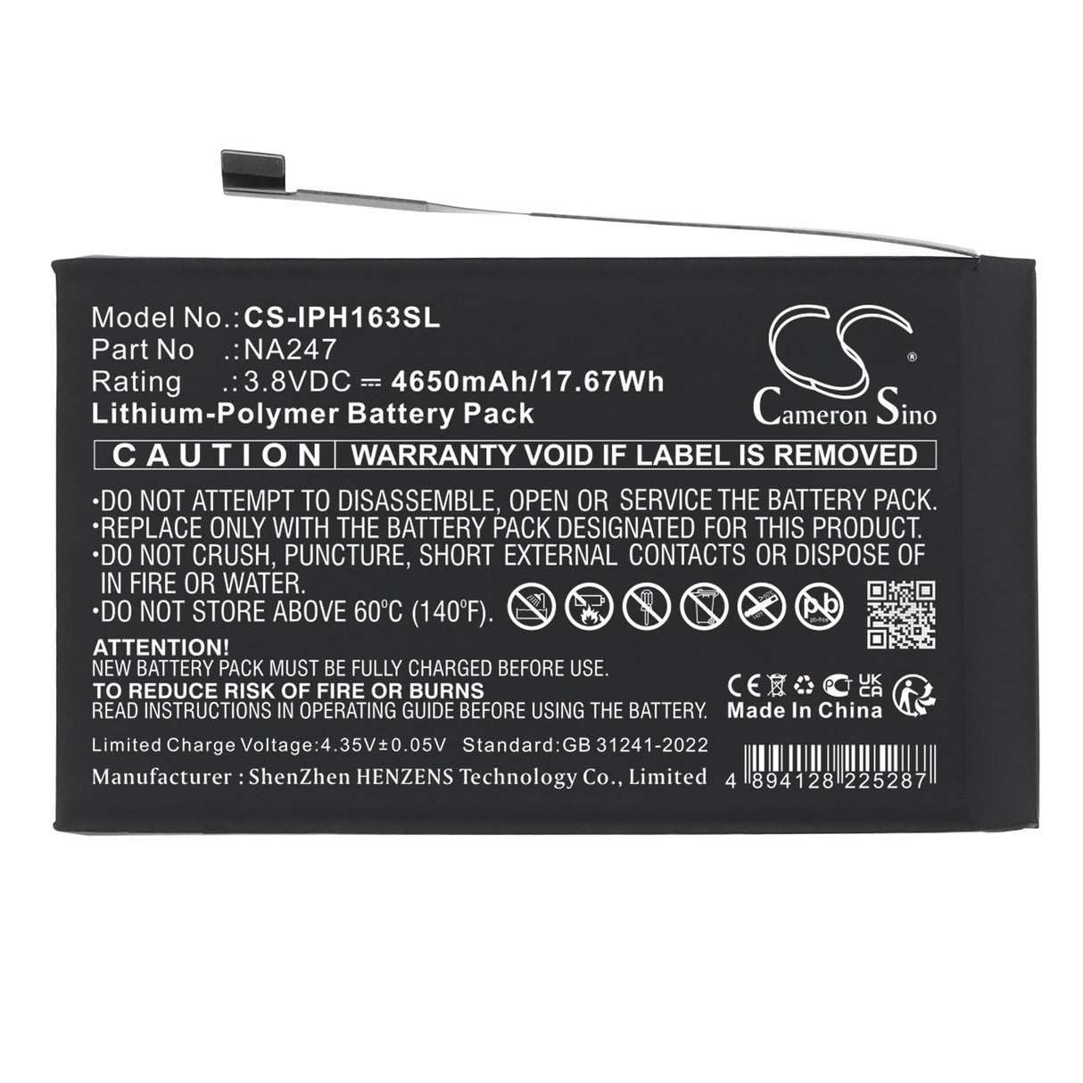 3.8V, Li-Polymer, 4650mAh, Mobile, SmartPhone battery fits Apple, NA247, A3082, A3289, 17.67Wh Mobile, SmartPhone Cameron Sino Technology Limited