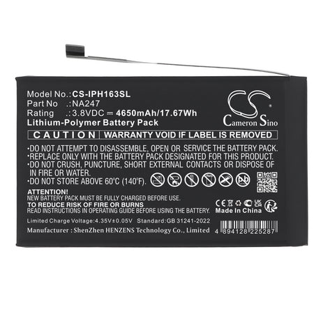 3.8V, Li-Polymer, 4650mAh, Mobile, SmartPhone battery fits Apple, NA247, A3082, A3289, 17.67Wh Mobile, SmartPhone Cameron Sino Technology Limited