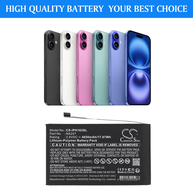 3.8V, Li-Polymer, 4650mAh, Mobile, SmartPhone battery fits Apple, NA247, A3082, A3289, 17.67Wh Mobile, SmartPhone Cameron Sino Technology Limited