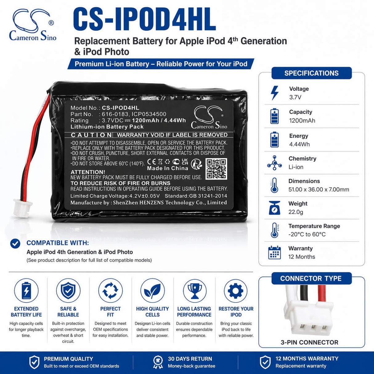 3.7V, Li-ion, 1200mAh, Media Player battery fits Apple, 616-0183, Ipod 4th Generatio, Ipod Photo, 4.44Wh Media Player Cameron Sino Technology Limited