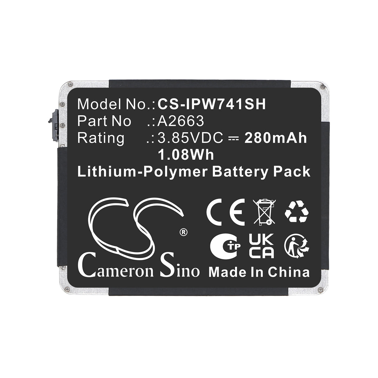 3.85V, Li-Polymer, 280mAh, Smartwatch battery fits Apple, A2663, A2473, A2475, 1.08Wh Smartwatch Cameron Sino Technology Limited
