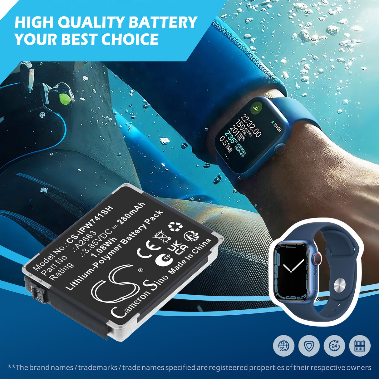 3.85V, Li-Polymer, 280mAh, Smartwatch battery fits Apple, A2663, A2473, A2475, 1.08Wh Smartwatch Cameron Sino Technology Limited