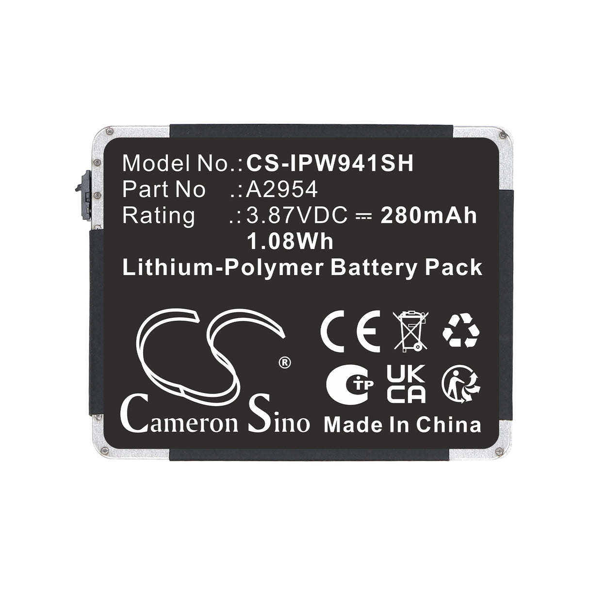 3.87V, Li-Polymer, 280mAh, Smartwatch battery fits Apple, A2954, MR913LL/A, Watch Series S9 41mm, 1.08Wh Smartwatch Cameron Sino Technology Limited