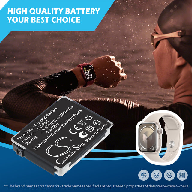 3.87V, Li-Polymer, 280mAh, Smartwatch battery fits Apple, A2954, MR913LL/A, Watch Series S9 41mm, 1.08Wh Smartwatch Cameron Sino Technology Limited