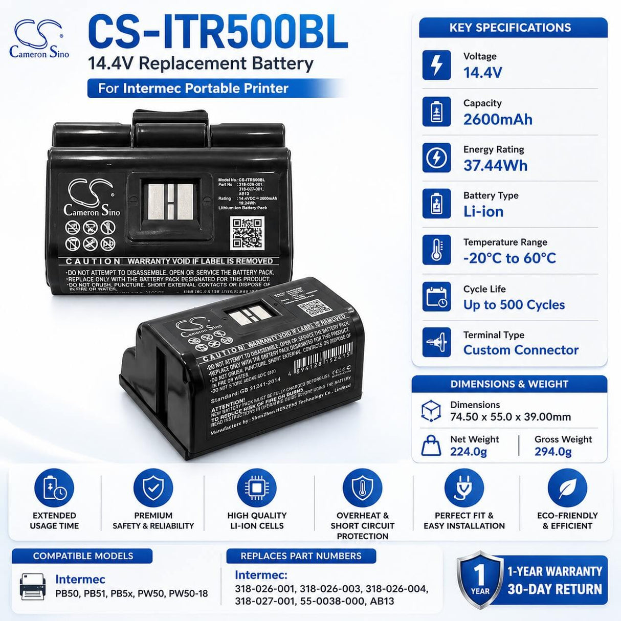14.4V, Li-ion, 2600mAh, Portable Printer battery fits Intermec, 318-026-001, Pb50, Pb51, 37.44Wh Portable Printer Cameron Sino Technology Limited