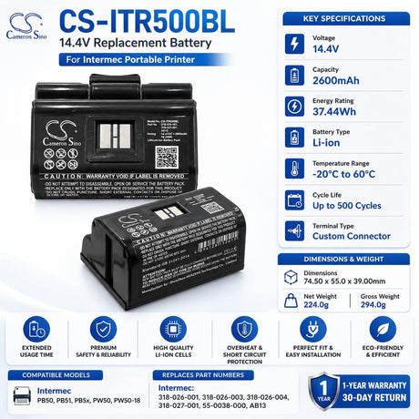 14.4V, Li-ion, 2600mAh, Portable Printer battery fits Intermec, 318-026-001, Pb50, Pb51, 37.44Wh Portable Printer Cameron Sino Technology Limited