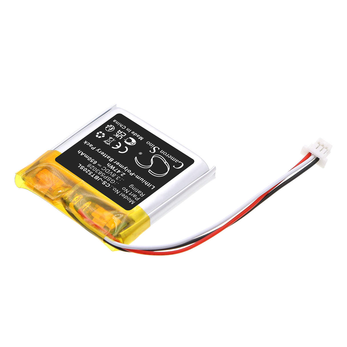 3.8V, Li-Polymer, 650mAh, Wireless Headset battery fits JBL, GSP583028, Tune 520 BT, 2.47Wh Wireless Headset Cameron Sino Technology Limited