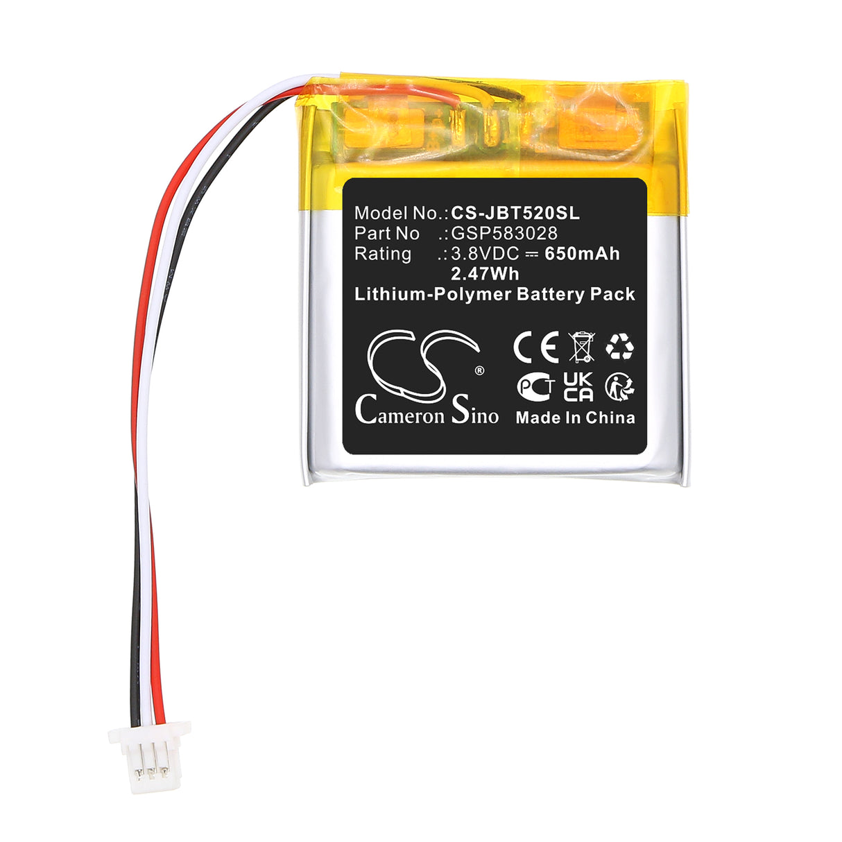 3.8V, Li-Polymer, 650mAh, Wireless Headset battery fits JBL, GSP583028, Tune 520 BT, 2.47Wh Wireless Headset Cameron Sino Technology Limited