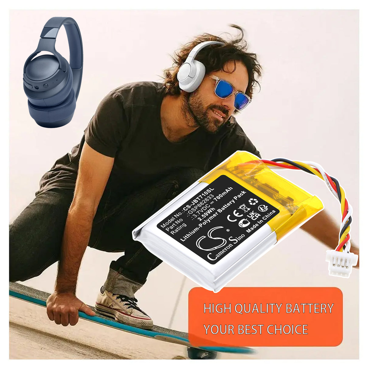 3.7V, Li-Polymer, 700mAh, Wireless Headset battery fits JBL, GSP862633, Tune 710 BT, 2.59Wh Wireless Headset Cameron Sino Technology Limited