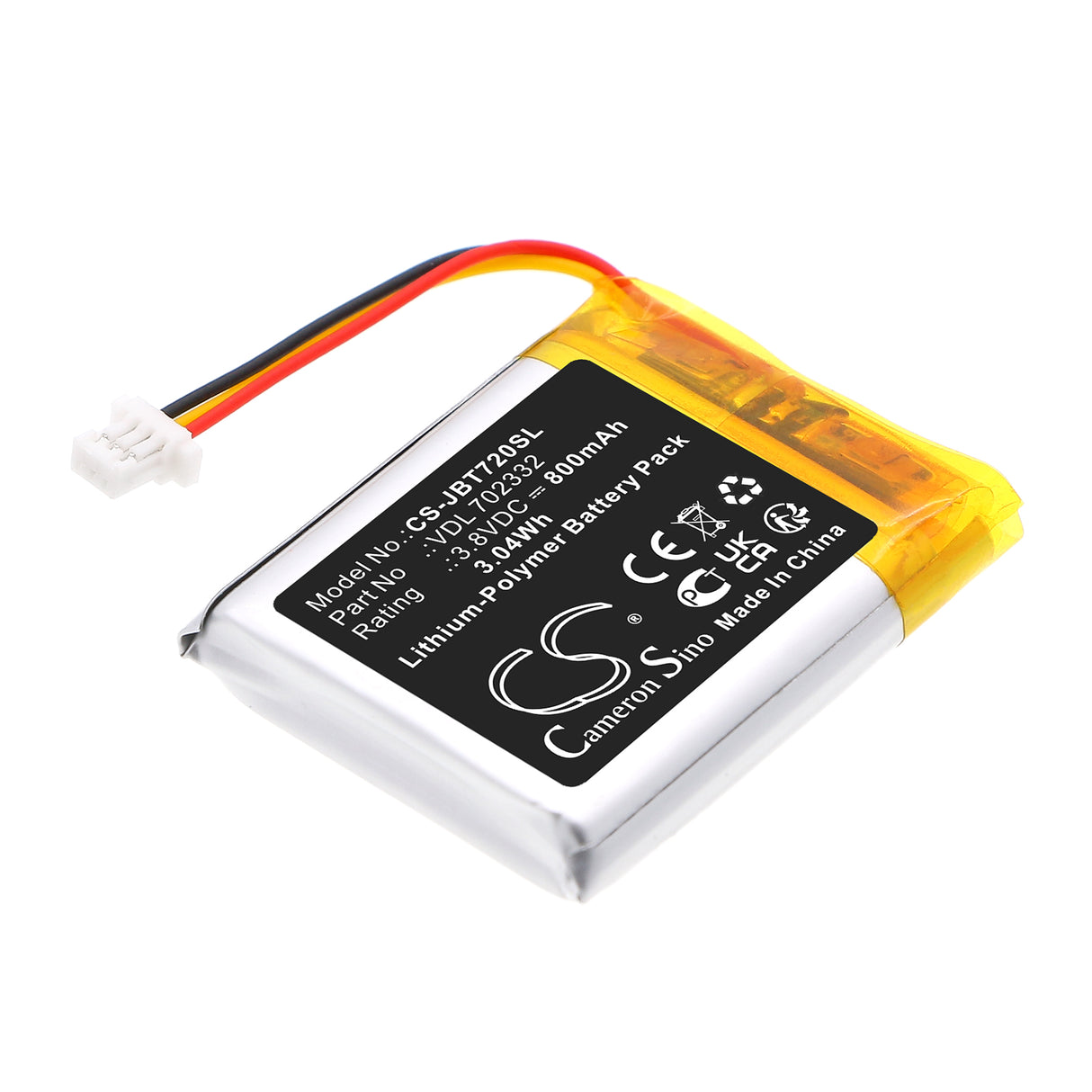 3.8V, Li-Polymer, 800mAh, Wireless Headset battery fits JBL, VDL 702332, Tune 720 BT, Tune 760 BT, 3.04Wh Wireless Headset Cameron Sino Technology Limited