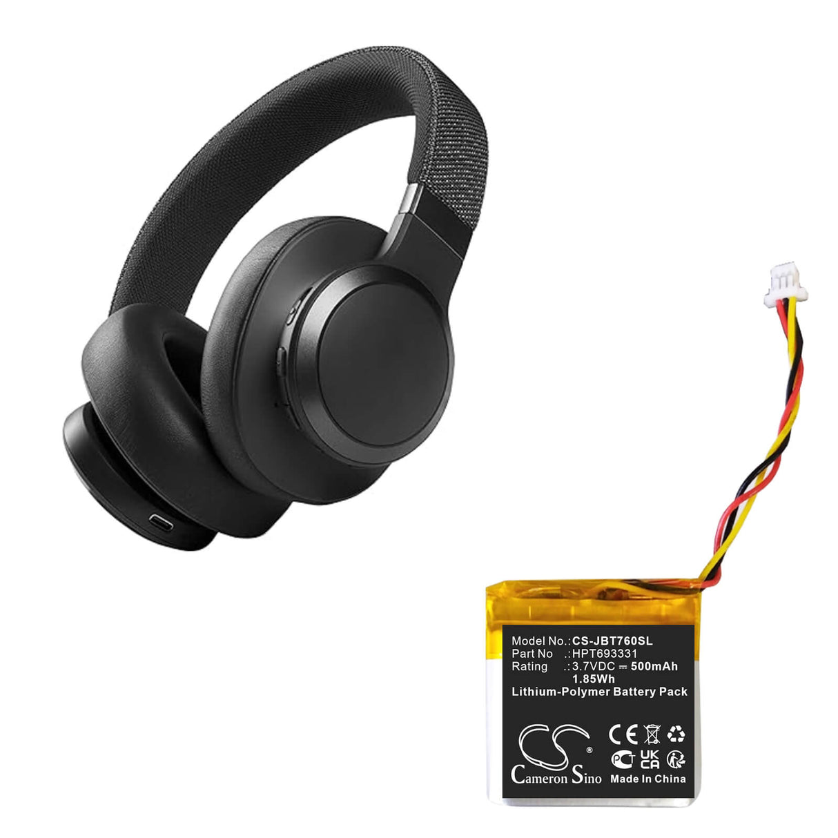 3.7V, Li-Polymer, 500mAh, Wireless Headset battery fits Jbl, HPT693331, Live 760NC, Tune 760NC, 1.85Wh Wireless Headset Cameron Sino Technology Limited