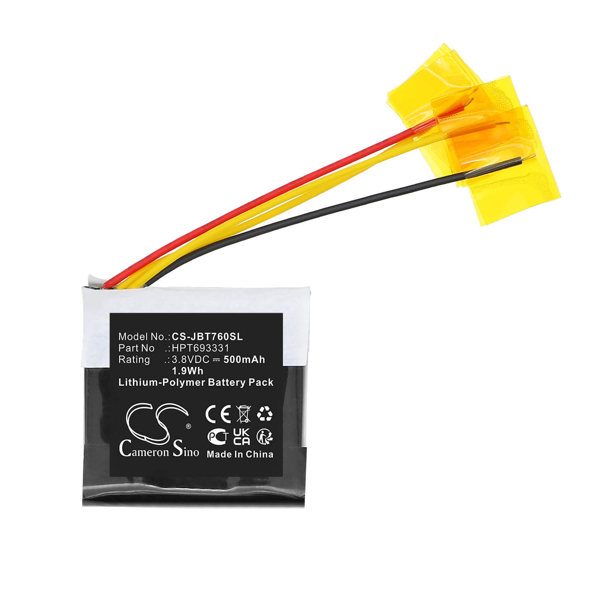 3.7V, Li-Polymer, 500mAh, Wireless Headset battery fits Jbl, HPT693331, Live 760NC, Tune 760NC, 1.85Wh Wireless Headset Cameron Sino Technology Limited