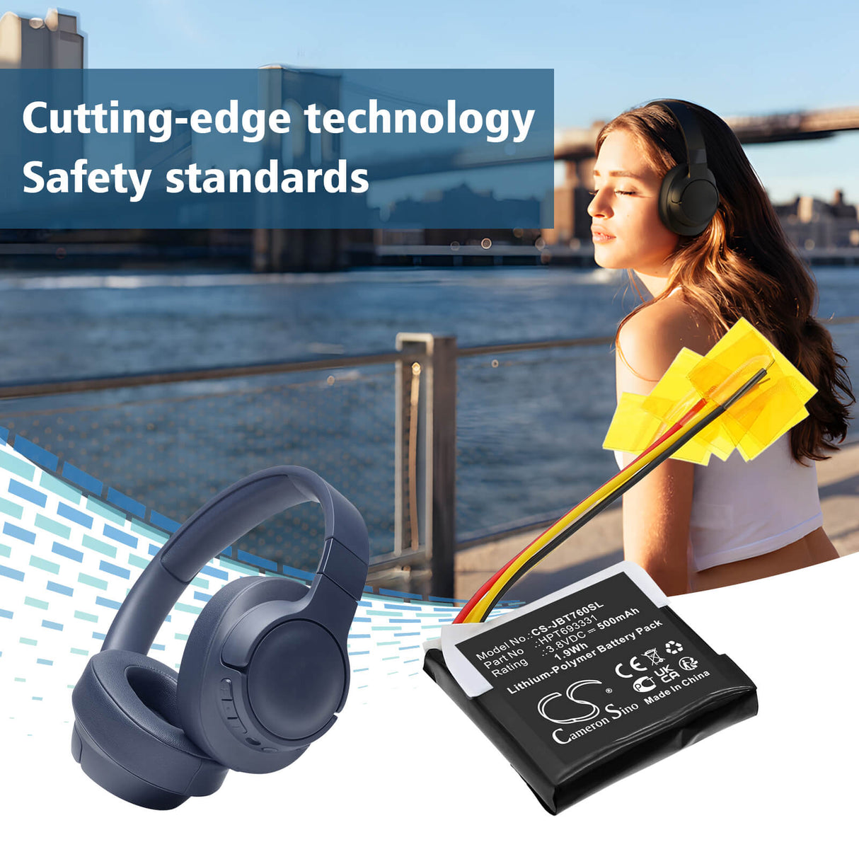 3.7V, Li-Polymer, 500mAh, Wireless Headset battery fits Jbl, HPT693331, Live 760NC, Tune 760NC, 1.85Wh Wireless Headset Cameron Sino Technology Limited