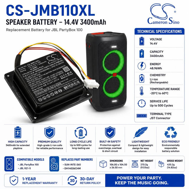 14.4V, Li-ion, 3400mAh, Speaker battery fits Jbl, Partybox 100, R21-5, 48.96Wh Speaker Cameron Sino Technology Limited