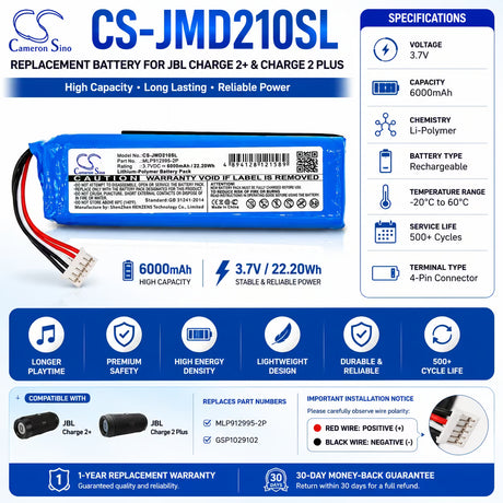 3.7V, Li-Polymer, 6000mAh, Speaker battery fits Jbl, Charge 2 Plus, Charge 2+, 22.20Wh Speaker Cameron Sino Technology Limited