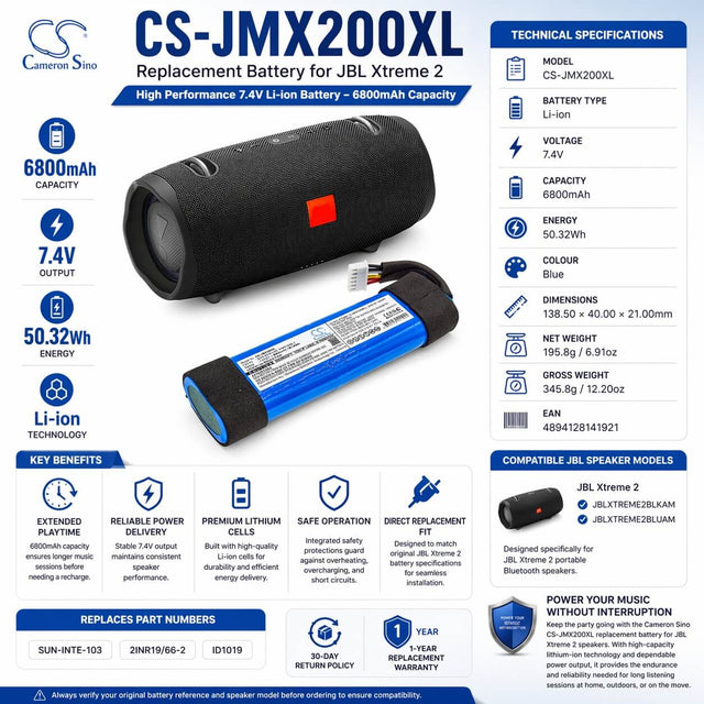 7.4V, Li-ion, 6800mAh, Speaker battery fits Jbl, Jblxtreme2blkam, Jblxtreme2bluam, 50.32Wh Speaker Cameron Sino Technology Limited