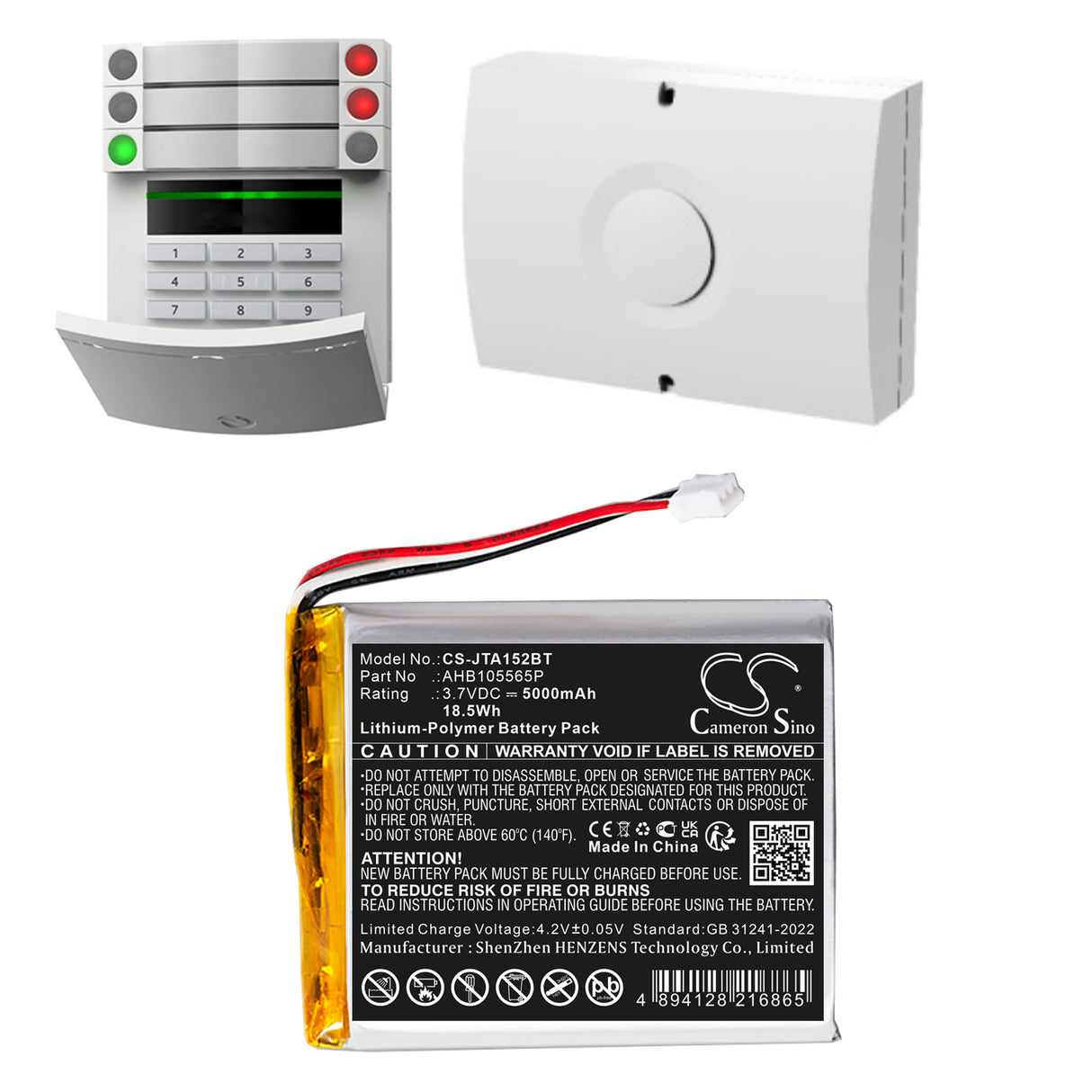 3.7V, Li-Polymer, 5000mAh, Alarm System battery fits Jablotron, AHB105565P, JA-152KRY, 18.5Wh Alarm System Cameron Sino Technology Limited
