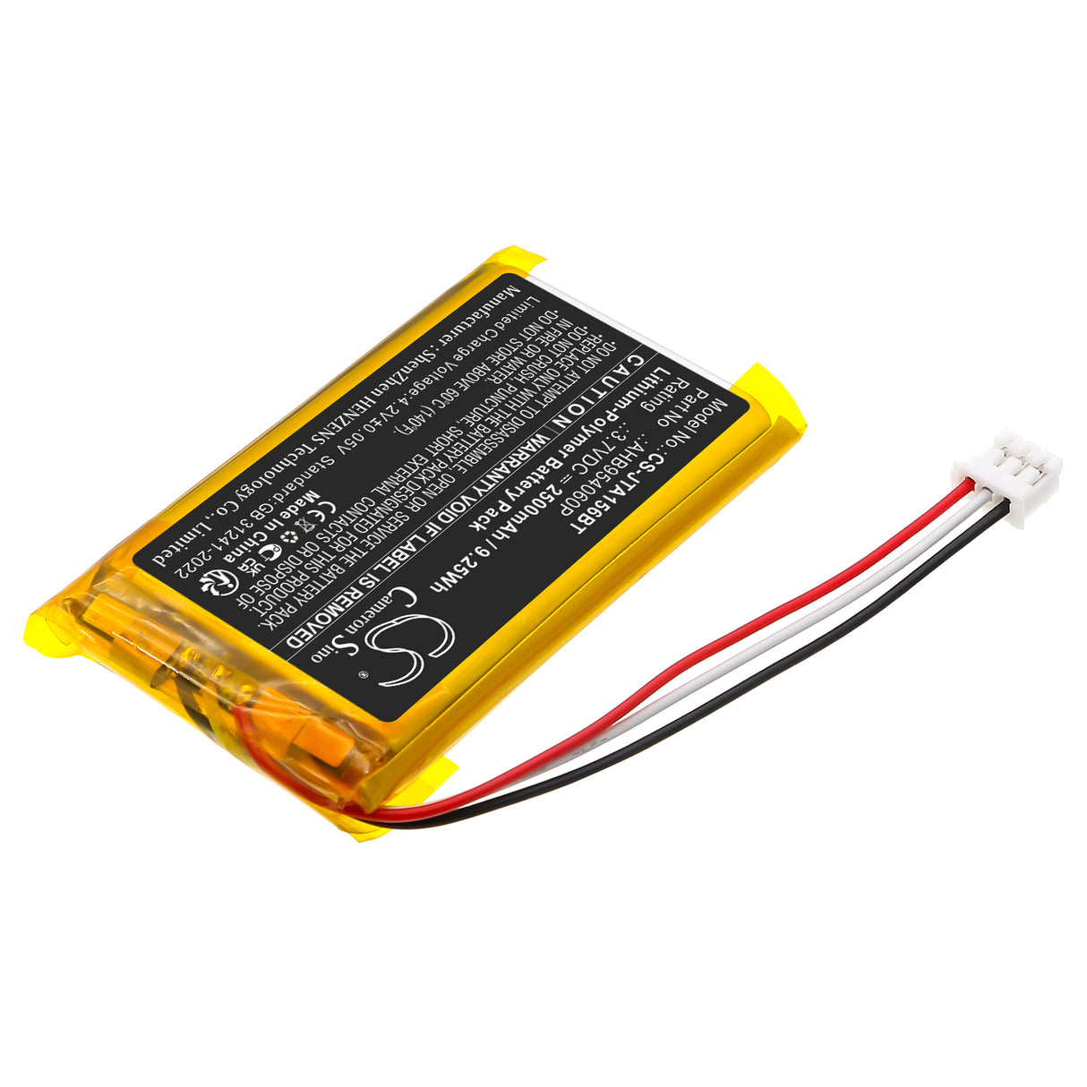 3.7V, Li-Polymer, 2500mAh, Alarm System battery fits Jablotron, AHB954060P, JA-156E, 9.25Wh Alarm System Cameron Sino Technology Limited